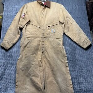 VTG Carhartt Coveralls 44 Tall Duck Canvas Red Quilted Lined USA Union Thrashed